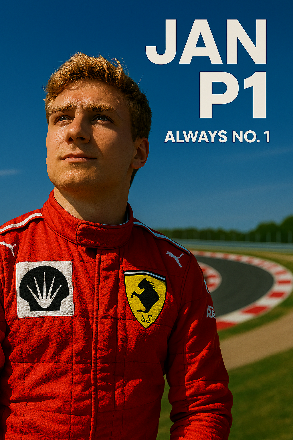 JAN P1 – Always No. 1 – roter Rennanzug an einer Formel‑1‑Strecke